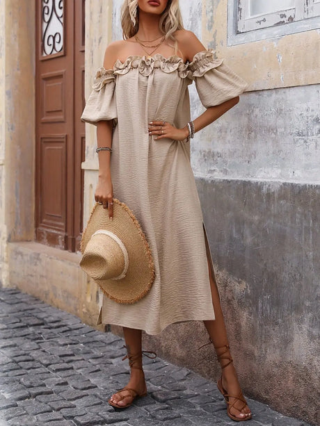 Ruffled Off-Shoulder Puff Sleeve Midi Dress | Hanalas
