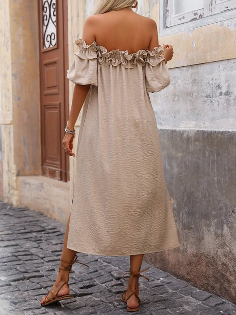 Ruffled Off-Shoulder Puff Sleeve Midi Dress | Hanalas
