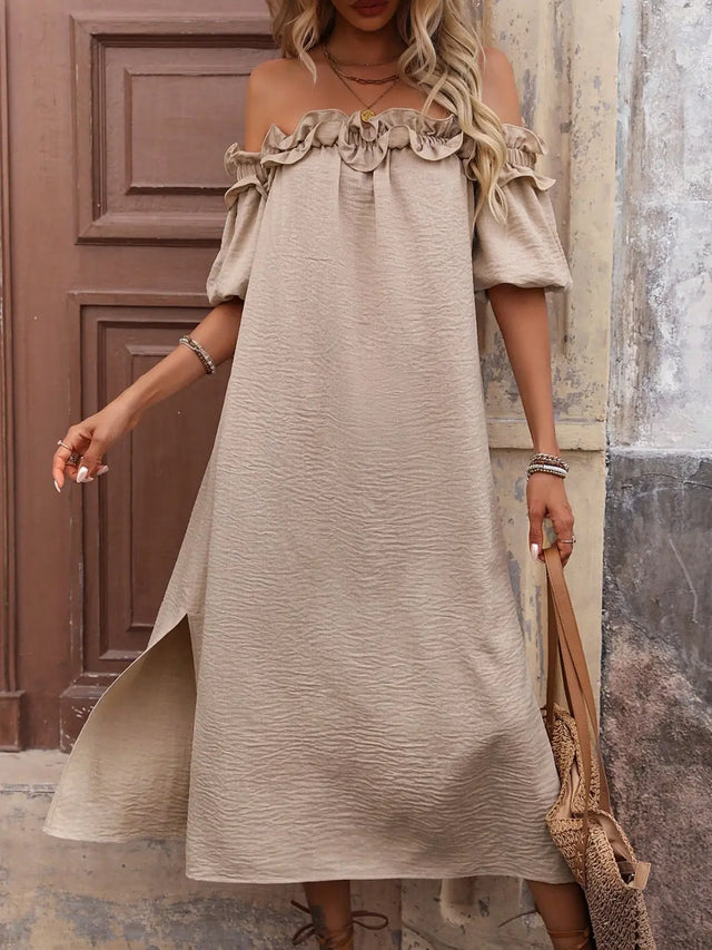 Ruffled Off-Shoulder Puff Sleeve Midi Dress | Hanalas