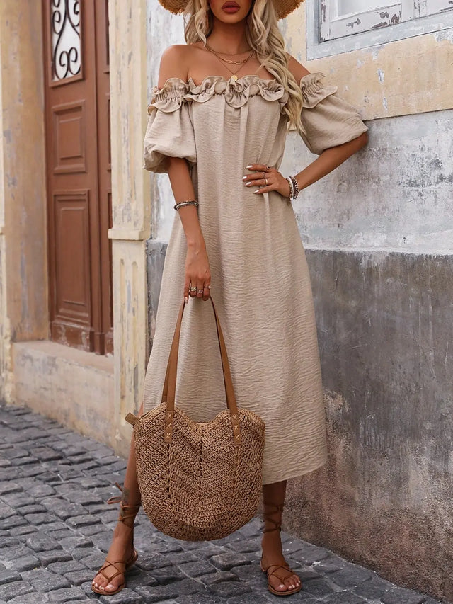 Ruffled Off-Shoulder Puff Sleeve Midi Dress | Hanalas