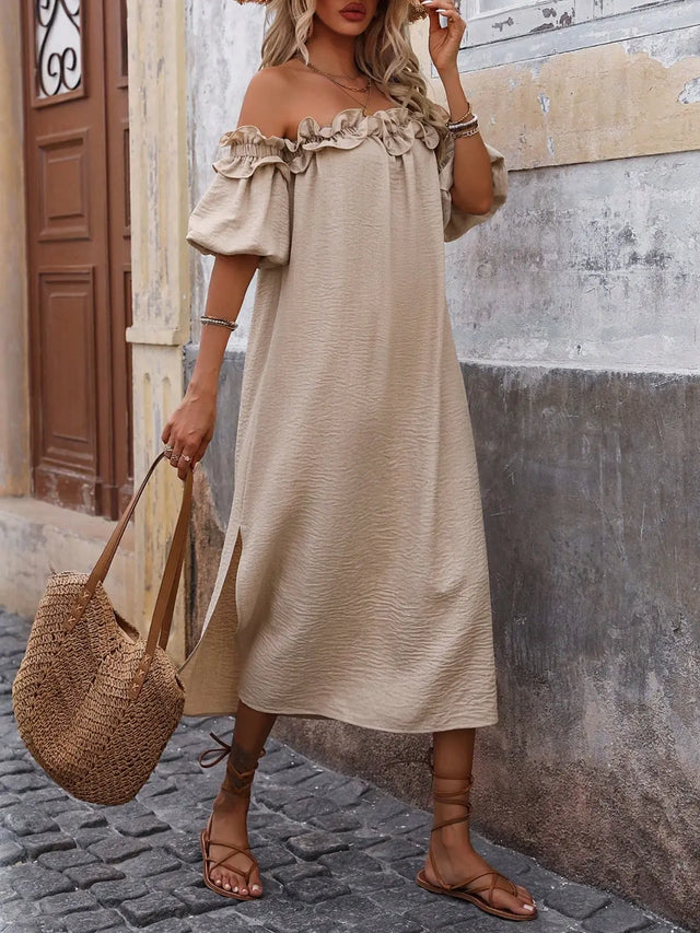 Ruffled Off-Shoulder Puff Sleeve Midi Dress | Hanalas