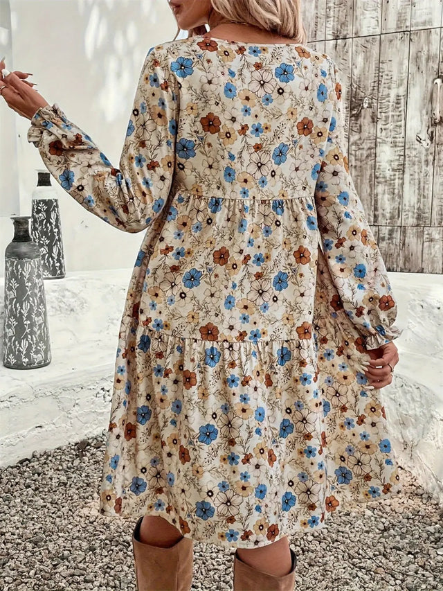 Ruffled Printed Round Neck Long Sleeve Dress Trendsi Hanalas