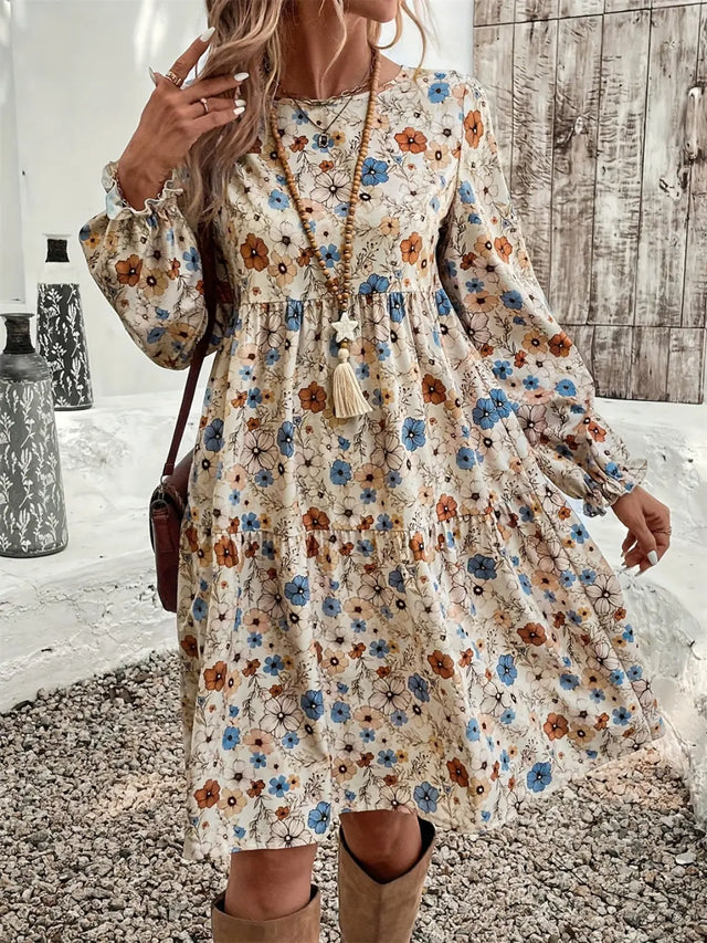 Ruffled Printed Round Neck Long Sleeve Dress Trendsi Hanalas