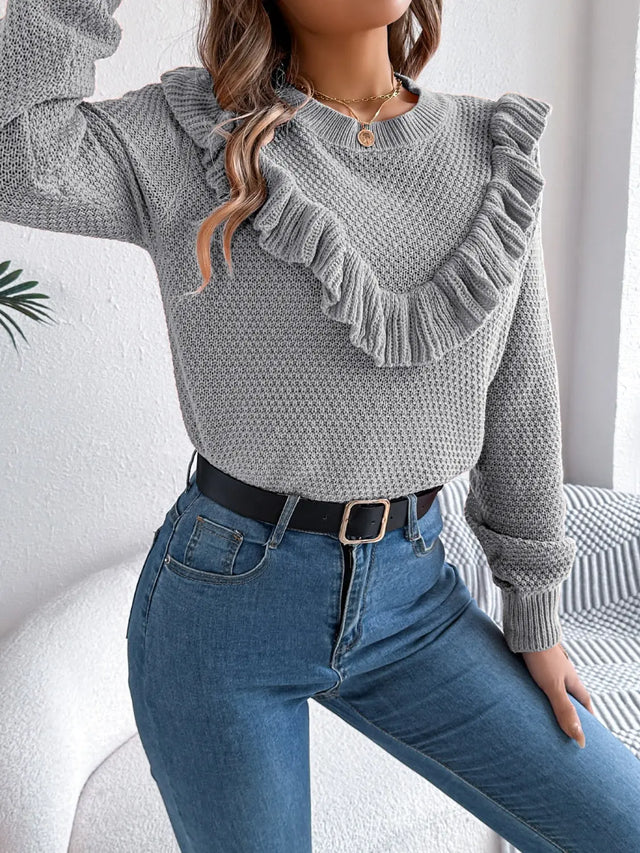 Ruffled Round Neck Long Sleeve Sweater Trendsi Hanalas