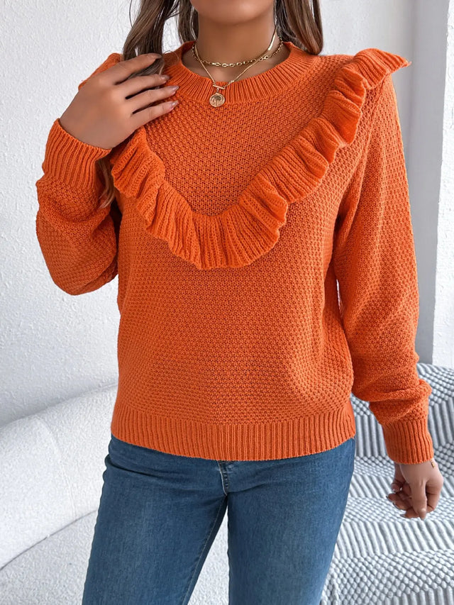 Ruffled Round Neck Long Sleeve Sweater Trendsi Hanalas