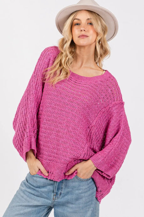 SAGE + FIG Distressed Asymmetrical Open Stitch Sweater Trendsi Hanalas