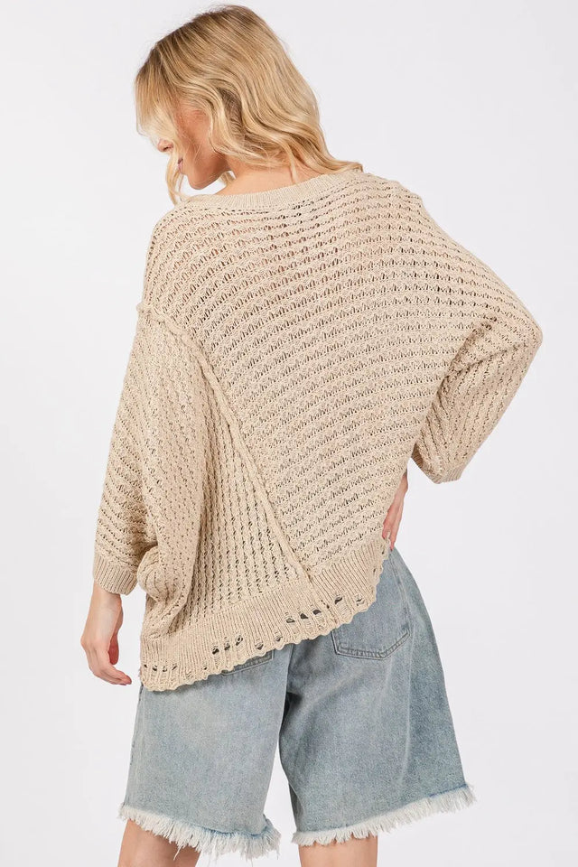 SAGE + FIG Distressed Asymmetrical Open Stitch Sweater Trendsi Hanalas