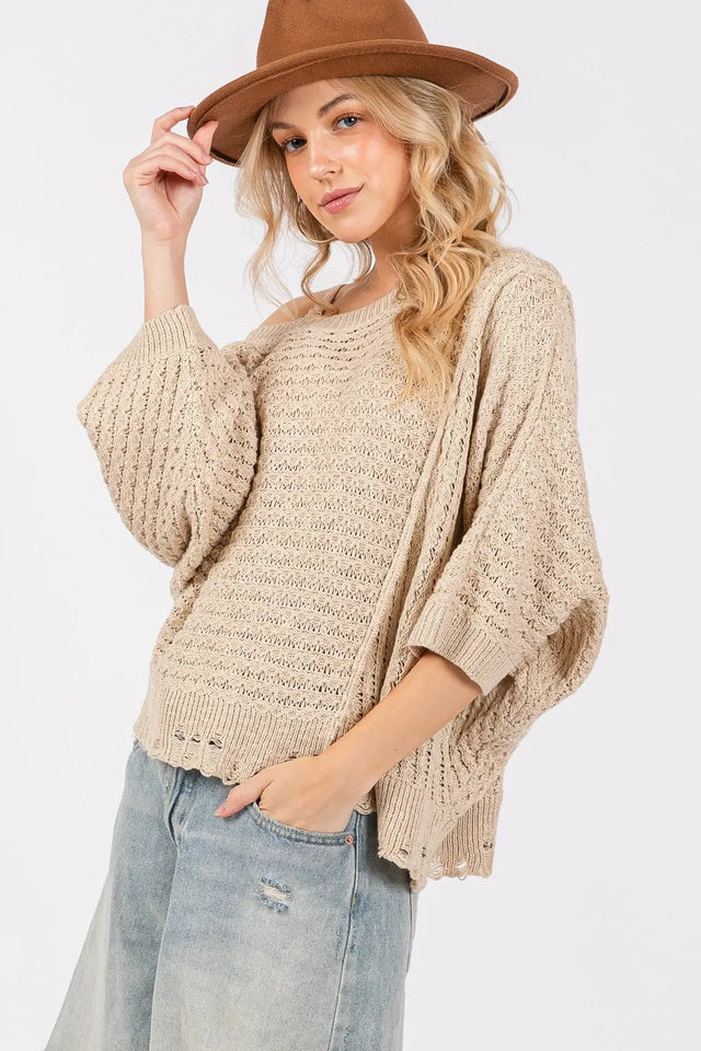 SAGE + FIG Distressed Asymmetrical Open Stitch Sweater Trendsi Hanalas