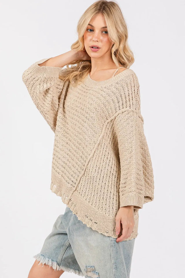 SAGE + FIG Distressed Asymmetrical Open Stitch Sweater Trendsi Hanalas