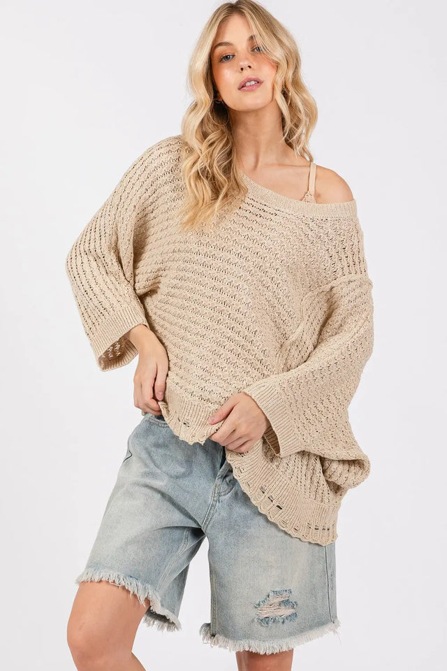 SAGE + FIG Distressed Asymmetrical Open Stitch Sweater Trendsi Hanalas