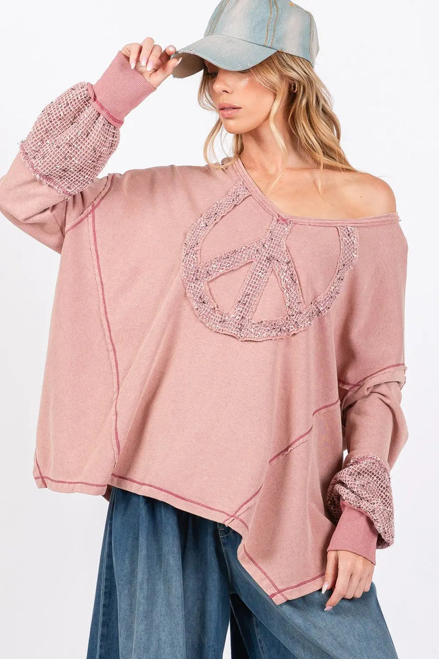 SAGE + FIG Peace Sign Mineral Wash Terry Top Trendsi Hanalas