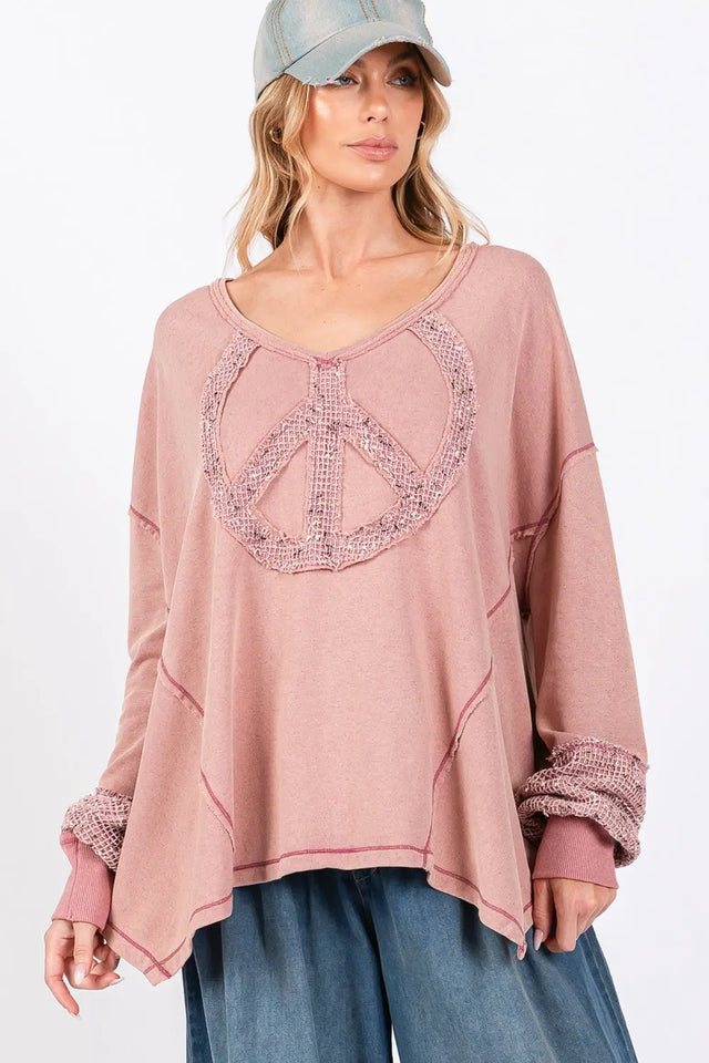 SAGE + FIG Peace Sign Mineral Wash Terry Top Trendsi Hanalas