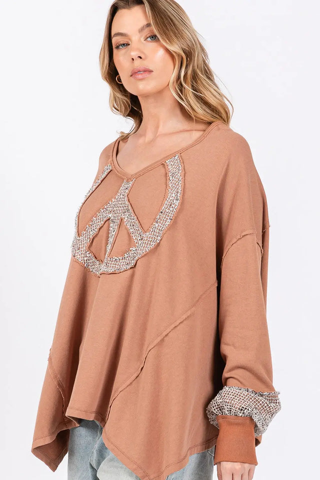 SAGE + FIG Peace Sign Mineral Wash Terry Top Trendsi Hanalas