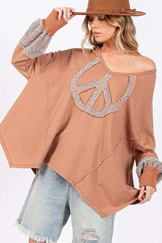 SAGE + FIG Peace Sign Mineral Wash Terry Top Trendsi Hanalas