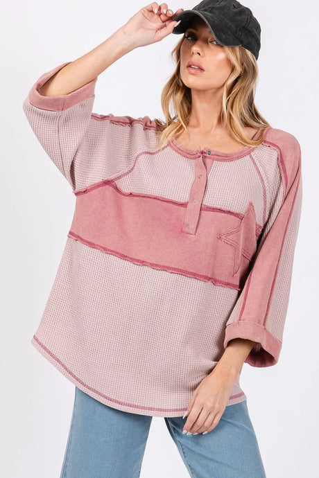 SAGE + FIG Star Applique Patch Exposed Seam Waffle Knit Top Trendsi Hanalas