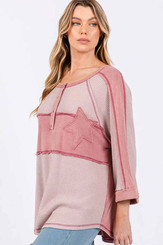 SAGE + FIG Star Applique Patch Exposed Seam Waffle Knit Top Trendsi Hanalas