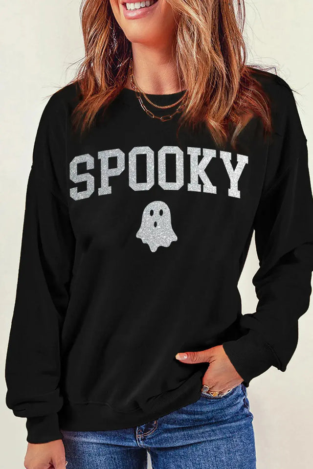 SPOOKY Round Neck Long Sleeve Sweatshirt Trendsi Hanalas