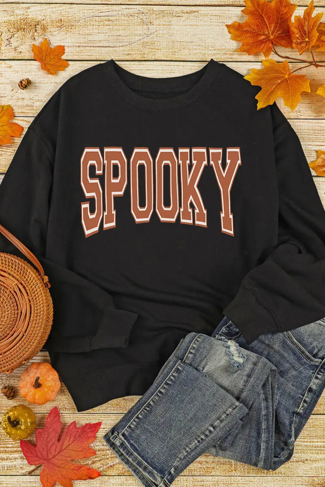 SPOOKY Round Neck Long Sleeve Sweatshirt Trendsi Hanalas