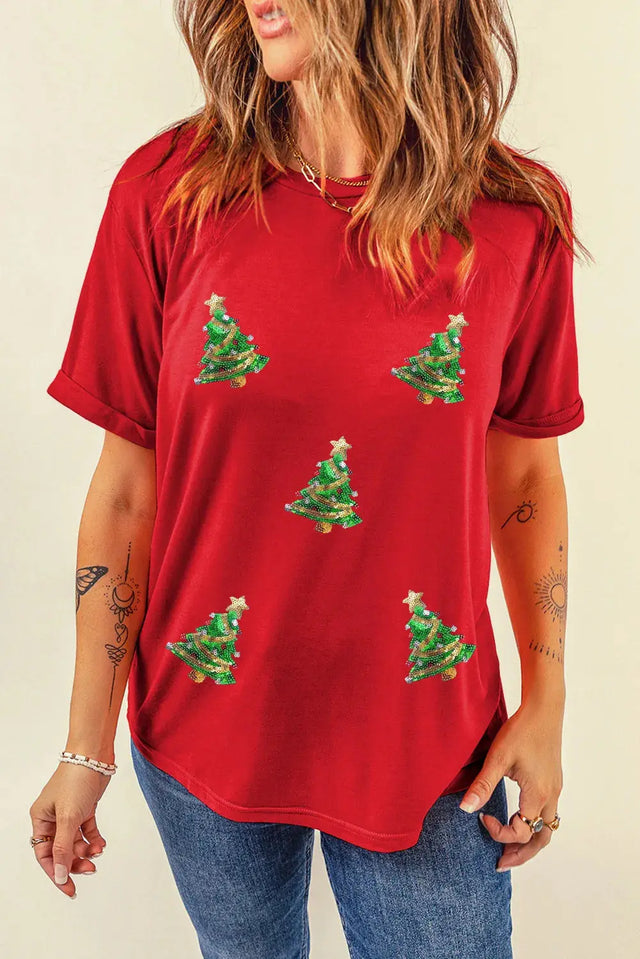 Sequin Christmas Tree Round Neck Short Sleeve T-Shirt Trendsi Hanalas