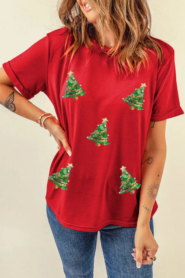 Sequin Christmas Tree Round Neck Short Sleeve T-Shirt Trendsi Hanalas