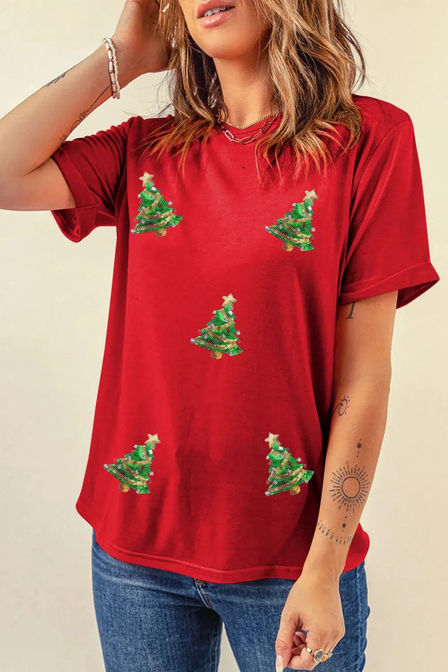 Sequin Christmas Tree Round Neck Short Sleeve T-Shirt Trendsi Hanalas