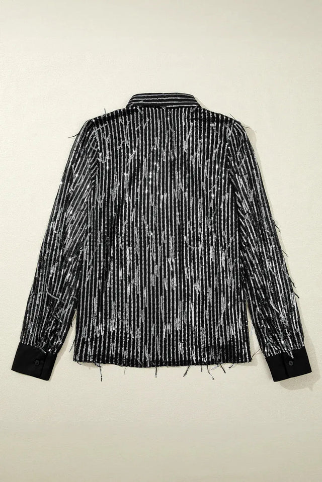 Sequin Collared Neck Long Sleeve Shirt Trendsi Hanalas