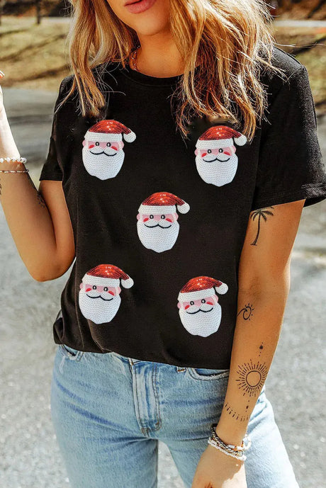 Sequin Santa Round Neck Short Sleeve T-Shirt Trendsi Hanalas