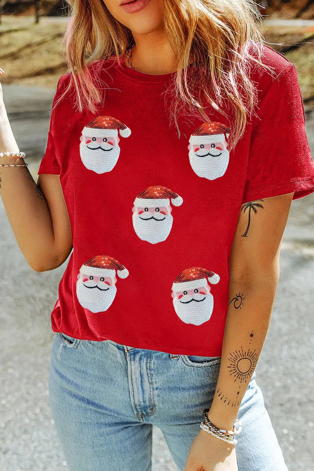 Sequin Santa Round Neck Short Sleeve T-Shirt Trendsi Hanalas