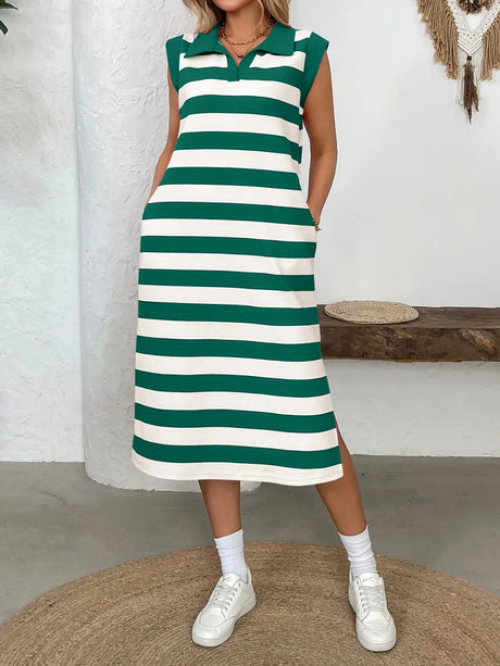 Side Slit Contrast Striped Sleeveless Midi Dress | Hanalas
