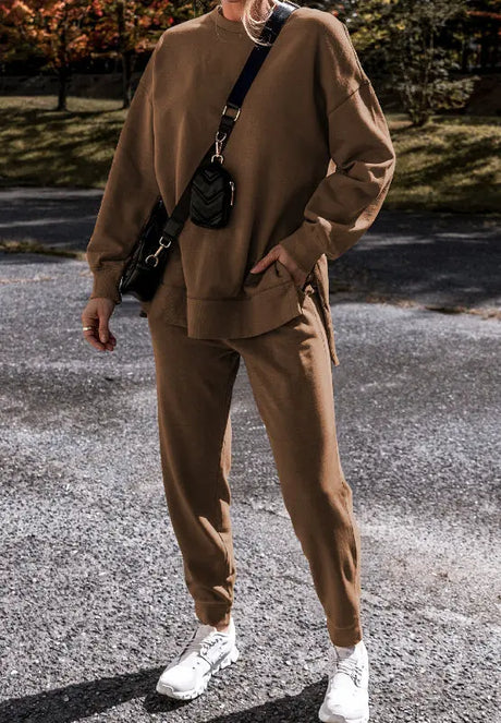 Side Slit Round Neck Long Sleeve Top and Pants Set | Hanalas