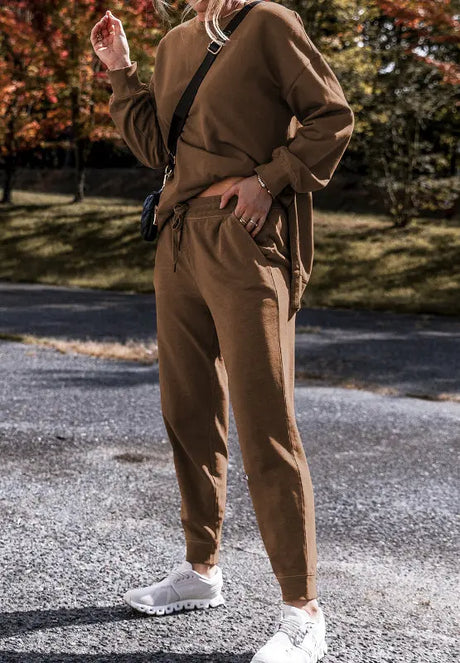 Side Slit Round Neck Long Sleeve Top and Pants Set | Hanalas