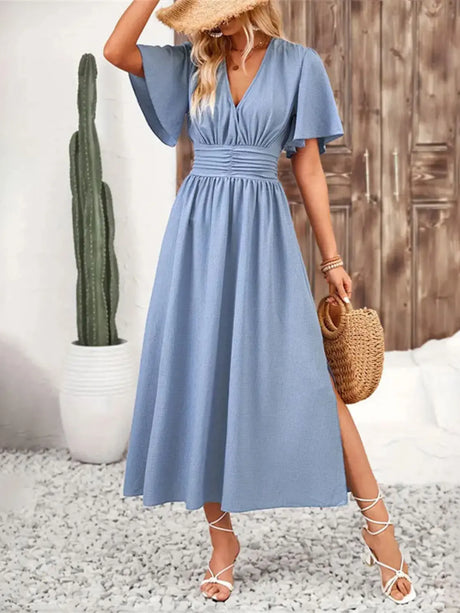 Side Slit Surplice Flutter Sleeve Midi Dress | Hanalas