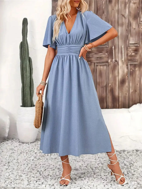 Side Slit Surplice Flutter Sleeve Midi Dress | Hanalas