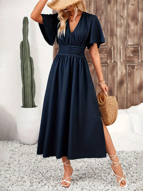 Side Slit Surplice Flutter Sleeve Midi Dress | Hanalas