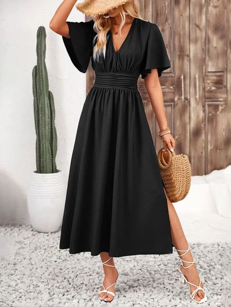 Side Slit Surplice Flutter Sleeve Midi Dress | Hanalas