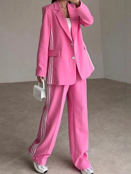 Side Striped Long Sleeve Blazer and Pants Set | Hanalas
