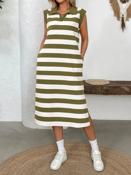 Slit Contrast Striped Johnny Collar Sleeveless Midi Dress with Pockets | Hanalas