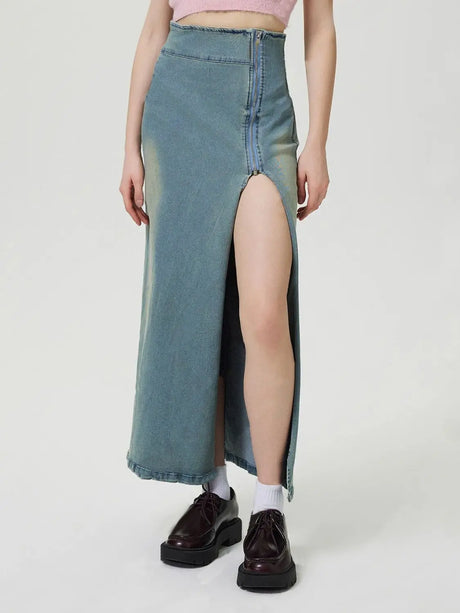 Slit Denim Skirt with Zip | Hanalas