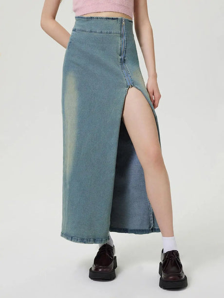 Slit Denim Skirt with Zip | Hanalas
