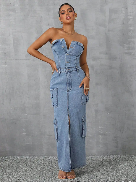 Slit Half Button Tube Denim Dress Trendsi Hanalas