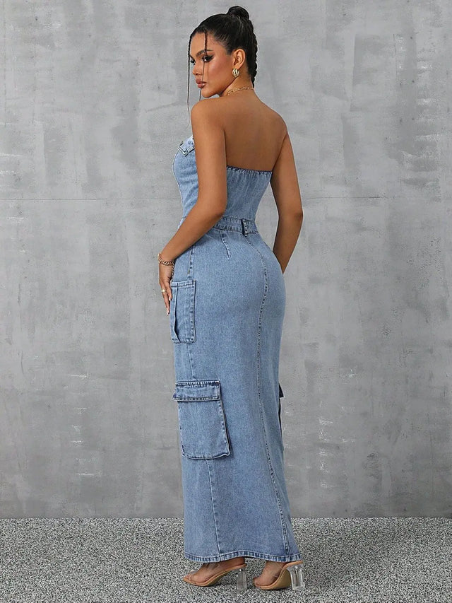 Slit Half Button Tube Denim Dress Trendsi Hanalas