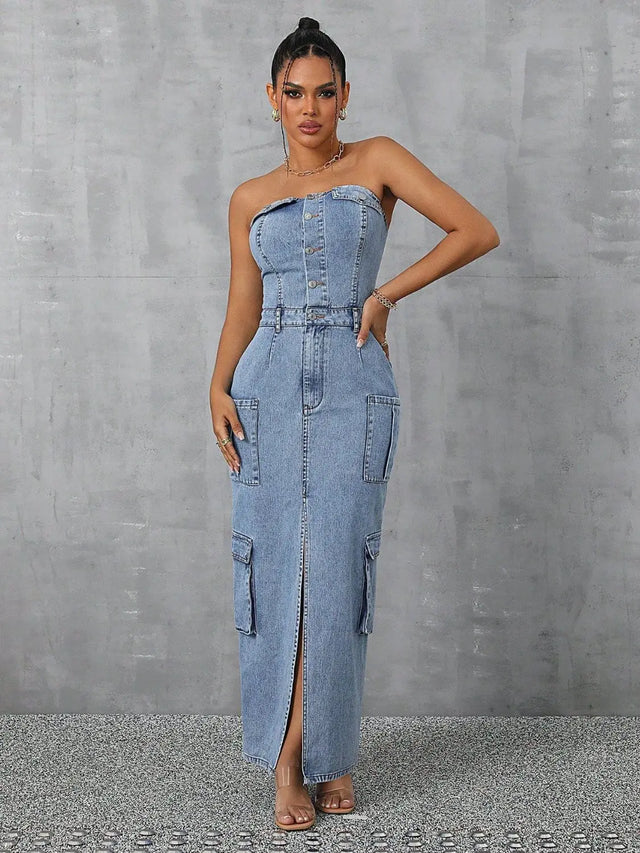 Slit Half Button Tube Denim Dress Trendsi Hanalas