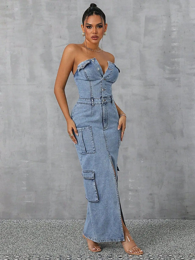 Slit Half Button Tube Denim Dress Trendsi Hanalas