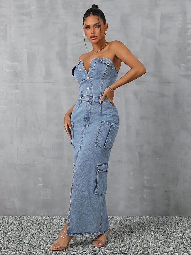 Slit Half Button Tube Denim Dress Trendsi Hanalas