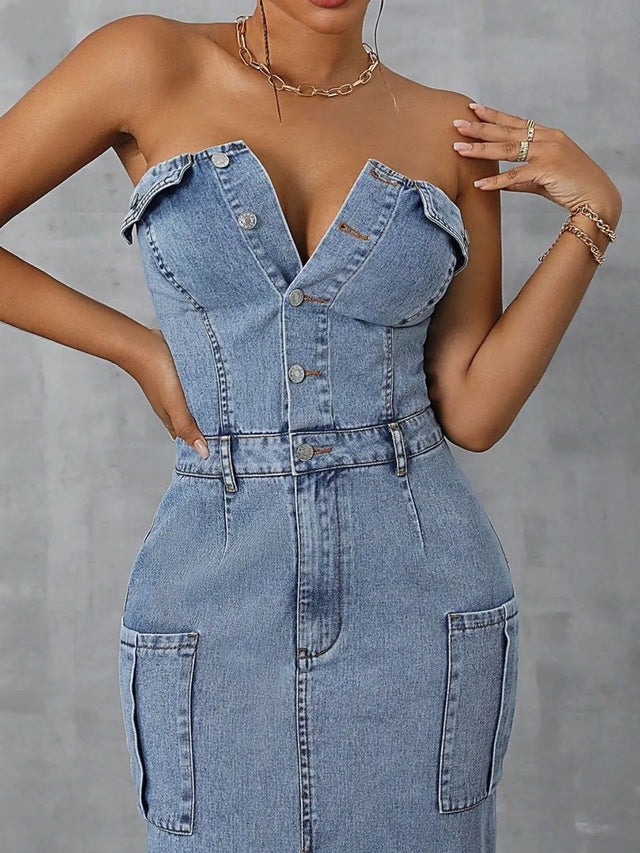 Slit Half Button Tube Denim Dress Trendsi Hanalas