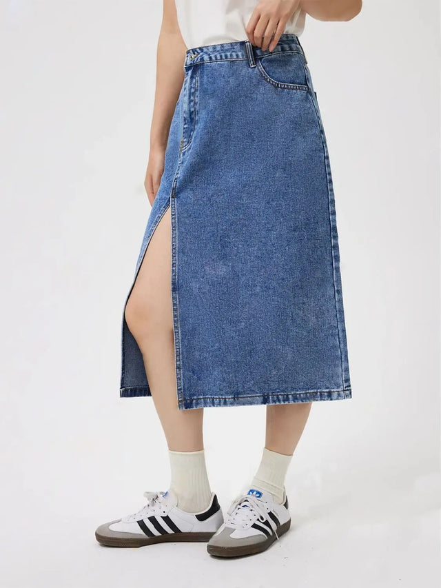 Slit Midi Denim Skirt with Pockets Trendsi Hanalas