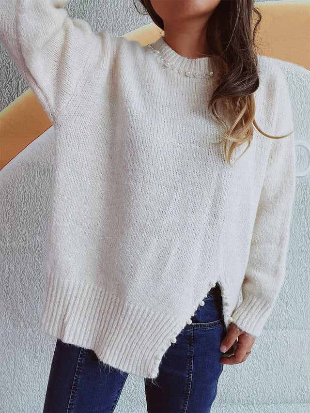 Slit Pearl Trim Round Neck Long Sleeve Sweater Trendsi Hanalas