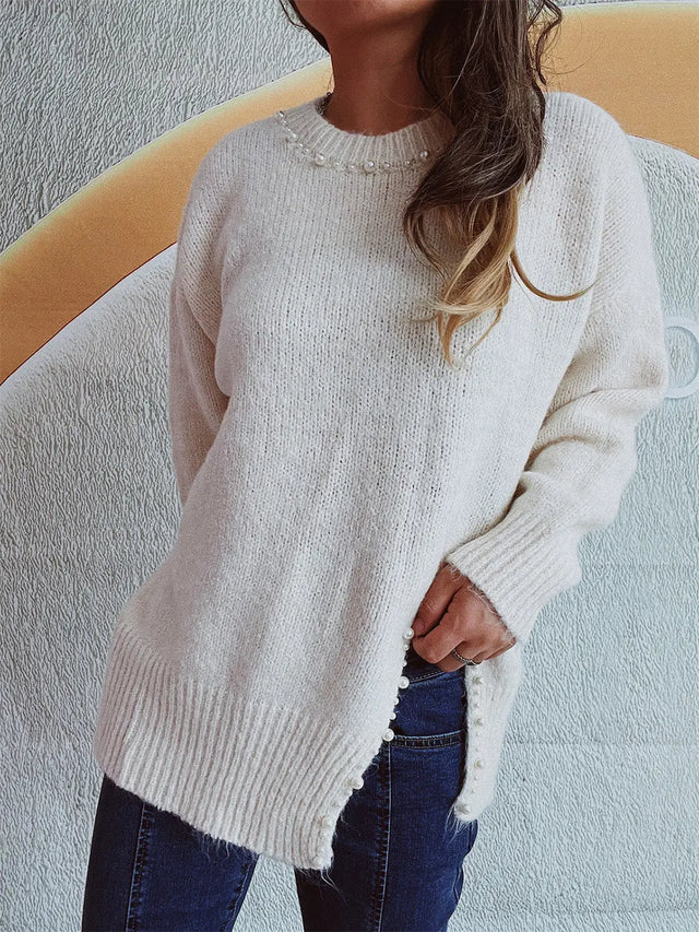 Slit Pearl Trim Round Neck Long Sleeve Sweater Trendsi Hanalas