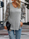 Slit Round Neck Lace Long Sleeve T-Shirt Trendsi Hanalas