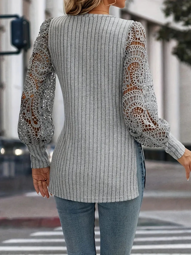 Slit Round Neck Lace Long Sleeve T-Shirt Trendsi Hanalas